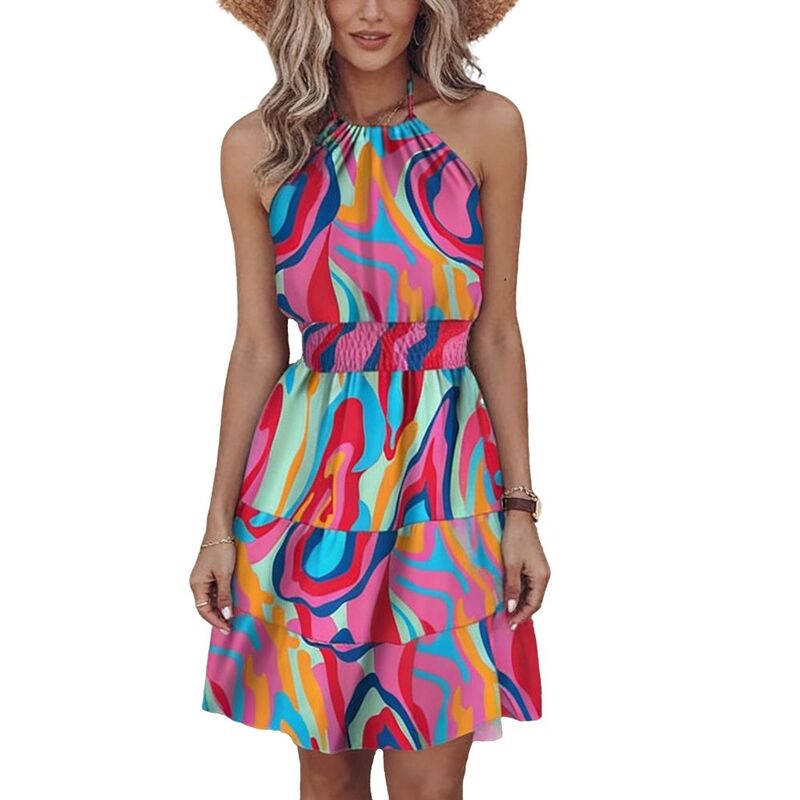 読みやすい御花 レディース トップス 衣装 ティアード フラウンス ミニ シャーリング ホルター ClearFlower Women Halter Neck Beach Vacation Dressmocked Waistiered Ruffle Sundressummer Mini Dress Pink サクラ色