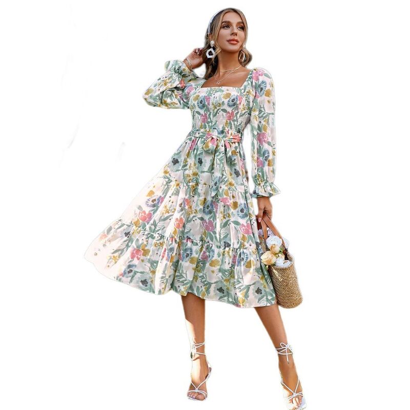 エリート肝ったま レディース トップス 衣装 御花柄 midi シャーリング 御花 EliteSpirit Women\u0027s Boho Floral Square Neck Midi Dress - Smocked Waist Flared Sleeve Weddinguest Dress Green Flower 緑であること