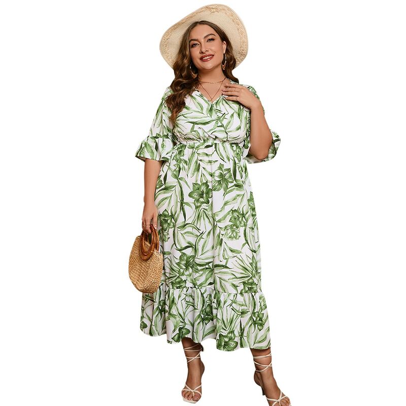 セオリア レディース トップス 衣装 つけ加える大きさ 刷り上げる Seoria Women Plusize Casual Short Sleeve Printed Long Dress Green 緑であること