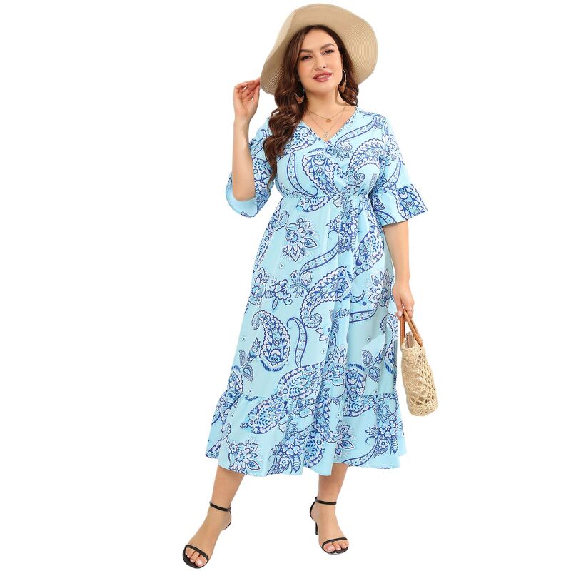 セオリア レディース トップス 衣装 つけ加える大きさ 刷り上げる Seoria Women Plusize Casual Short Sleeve Printed Long Dress Light Blue 青み