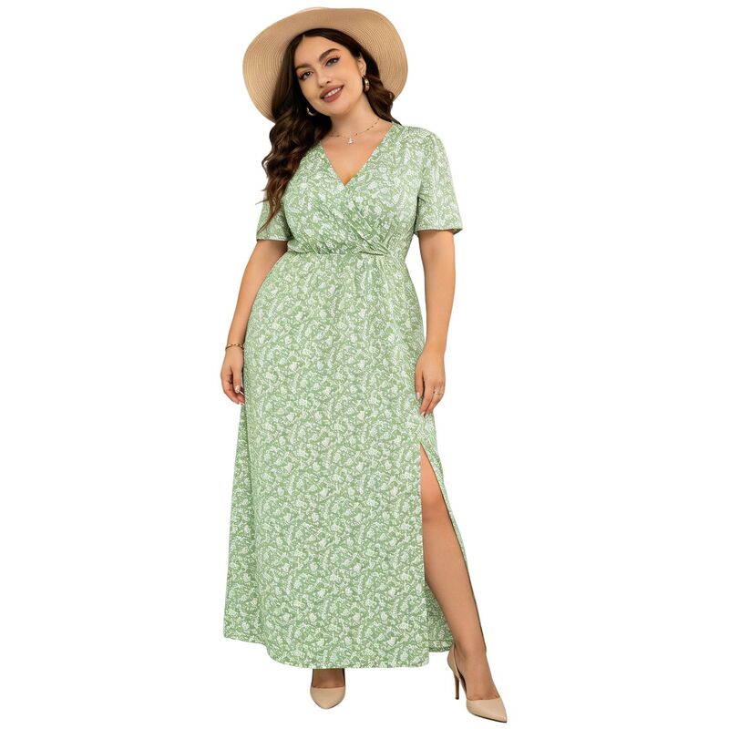 読みやすい御花 レディース トップス 衣装 V素っ首 つけ加える大きさ マキシ ClearFlower Women\u0027s Plusize Wrap V Neck Maxi Dresshort Sleeve Split Hem Flowy Summer Dress Green Flower 緑であること