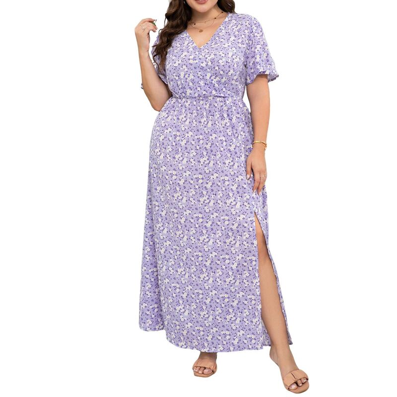 読みやすい御花 レディース トップス 衣装 V素っ首 つけ加える大きさ マキシ ClearFlower Women\u0027s Plusize Wrap V Neck Maxi Dresshort Sleeve Split Hem Flowy Summer Dress Purple Flower パープル
