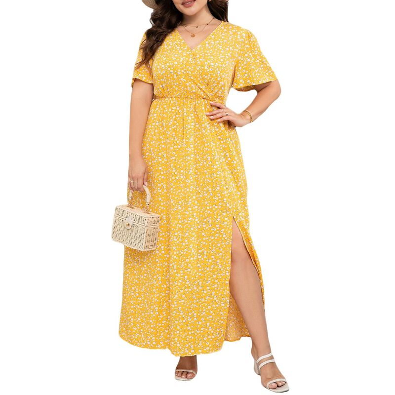 読みやすい御花 レディース トップス 衣装 V素っ首 つけ加える大きさ マキシ ClearFlower Women\u0027s Plusize Wrap V Neck Maxi Dresshort Sleeve Split Hem Flowy Summer Dress Yellow Flower 黄色