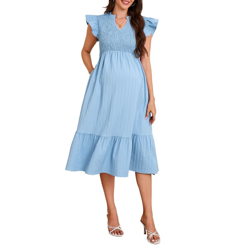 セオリア レディース トップス 衣装 V素っ首 フラウンス midi ノースリーブ マタニティ Seoria Womens Maternity Dress Casual V Neck Sleeveless Ruffled Midi Dress for Baby Shower Photoshoot Blue 青み