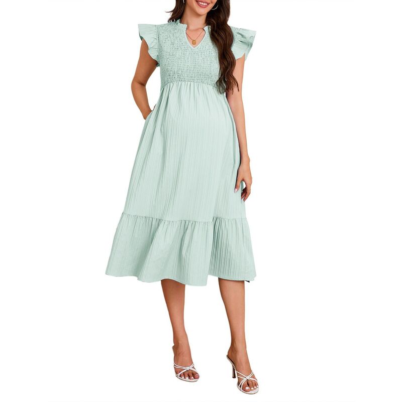 セオリア レディース トップス 衣装 V素っ首 フラウンス midi ノースリーブ マタニティ Seoria Womens Maternity Dress Casual V Neck Sleeveless Ruffled Midi Dress for Baby Shower Photoshoot Green 緑であること