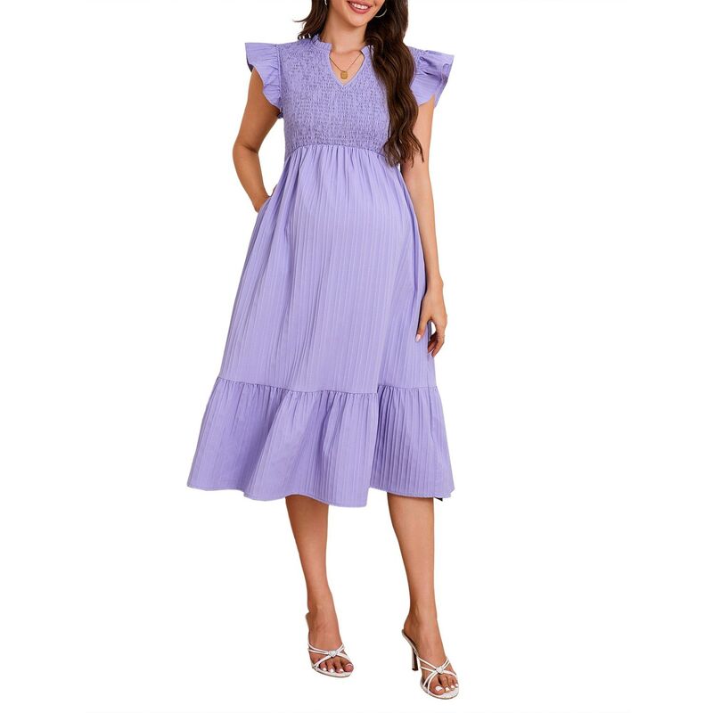 セオリア レディース トップス 衣装 V素っ首 フラウンス midi ノースリーブ マタニティ Seoria Womens Maternity Dress Casual V Neck Sleeveless Ruffled Midi Dress for Baby Shower Photoshoot Purple パープル