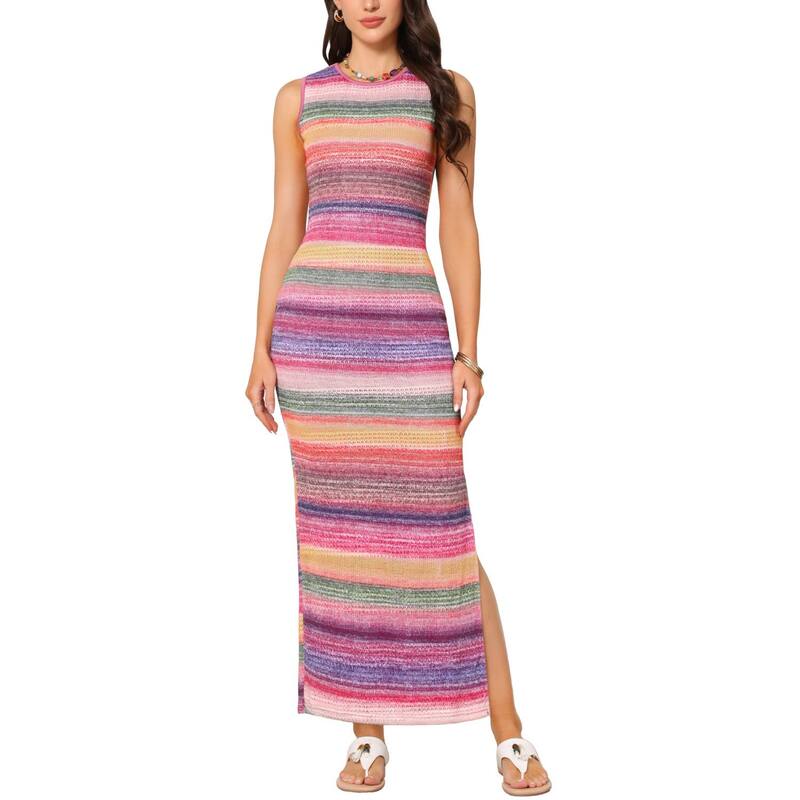 インスパイア 今めかしい レディース トップス 衣装 労働者の一団素っ首 マキシ INSPIRE CHIC Summer Boho Maxi Dress for Women Striped Crew Neck Split Cocktail Party Clubodycon Tank Dress Multicolor マルチ色つや