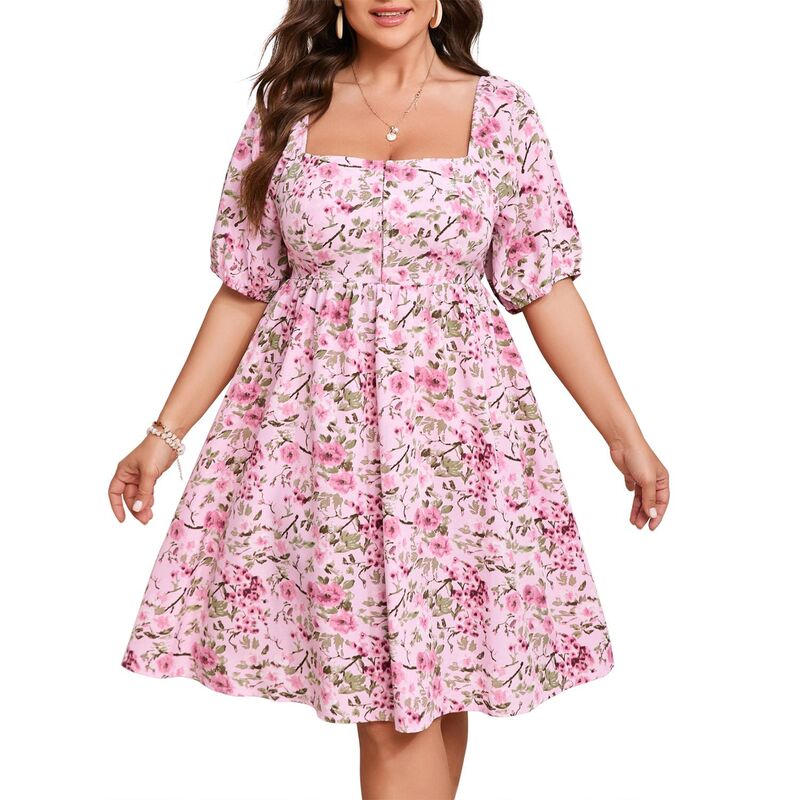 読みやすい御花 レディース トップス 衣装 御花柄 つけ加える大きさ 刷り上げる midi ClearFlower Women Plusize Floral Print Square Neck Puff Short Sleeve Midi Dressummer Casual Boho Short Dress Pink サクラ色