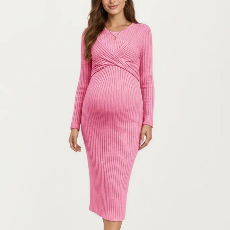 アンナカシ レディース トップス 衣装 肋筋 midi 編み物 マタニティ Anna-Kaci Women\u0027s Ribbed Knit Long Sleeve Midi Maternity Dress with Twist Front Detail and Bodycon Silhouette Pink サクラ色