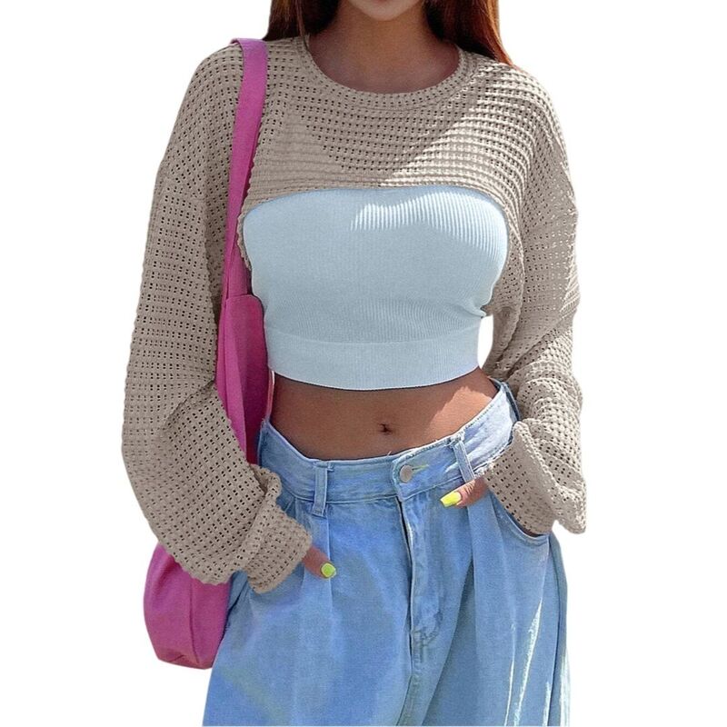 イエスファッション レディース アウター ニット・セーター Yesfashion Women's Knitted Long Sleeve Hollow Out Shrug Sweater Y2Knit Cover Up Khaki カーキ｜ReVida 店