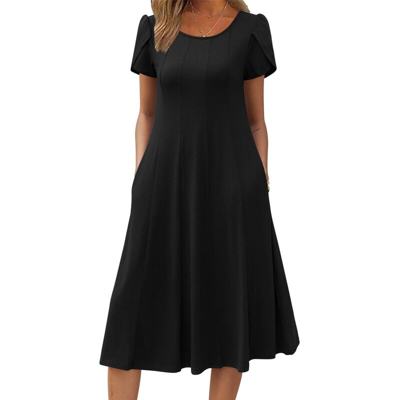 ジーグー レディース トップス 衣装 A 伝達ルート 筋目 midi Zeagoo Women summer Casual Midi Dress A Line Pleated Short Sleeve Flare Sundress Black 黒いこと