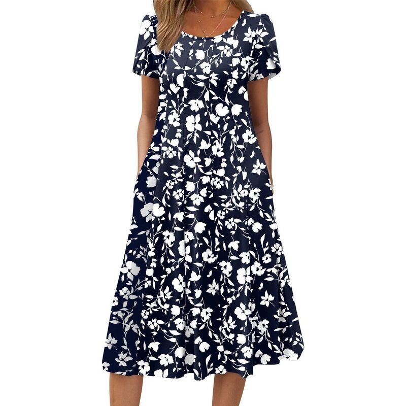 ジーグー レディース トップス 衣装 A 伝達ルート 筋目 midi Zeagoo Women summer Casual Midi Dress A Line Pleated Short Sleeve Flare Sundress Black Blue Navy 黒いこと