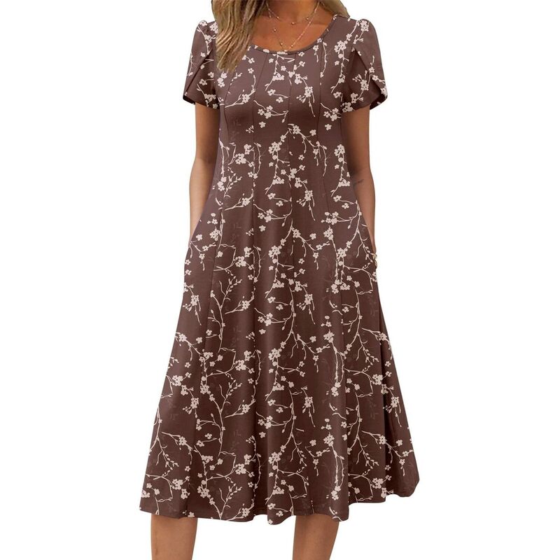 ジーグー レディース トップス 衣装 A 伝達ルート 筋目 midi Zeagoo Women summer Casual Midi Dress A Line Pleated Short Sleeve Flare Sundress Brown Floral 赤銅色