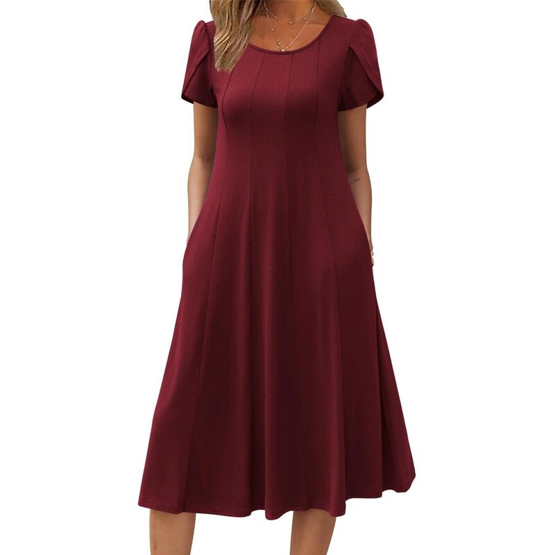 ジーグー レディース トップス 衣装 A 伝達ルート 筋目 midi Zeagoo Women summer Casual Midi Dress A Line Pleated Short Sleeve Flare Sundress Burgundy バーガンディ