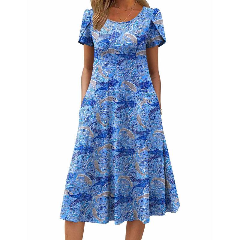 ジーグー レディース トップス 衣装 A 伝達ルート 筋目 midi Zeagoo Women summer Casual Midi Dress A Line Pleated Short Sleeve Flare Sundress Cashew Blue Print 青み