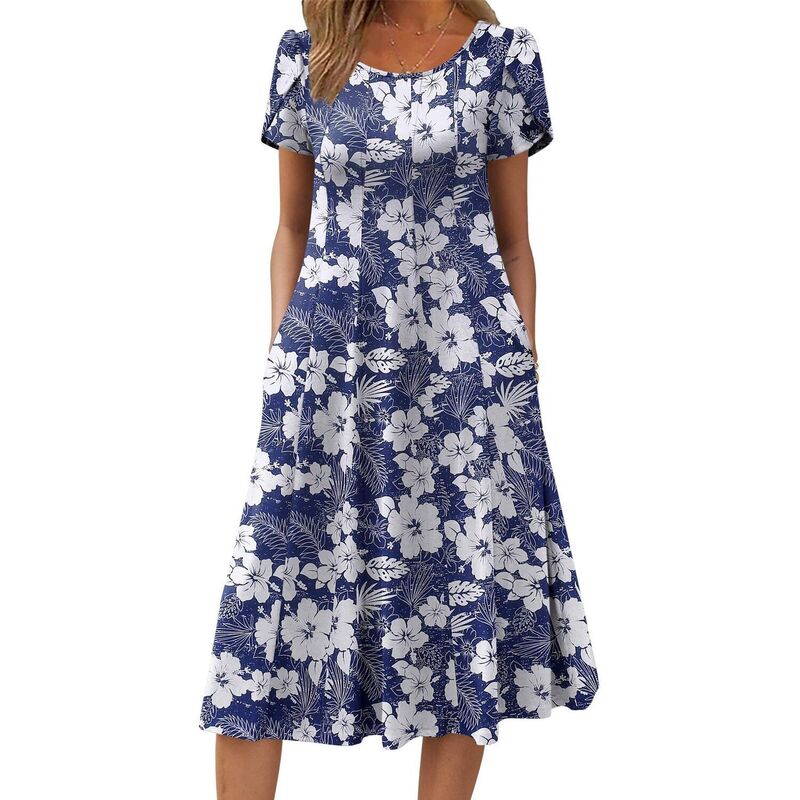 ジーグー レディース トップス 衣装 A 伝達ルート 筋目 midi Zeagoo Women summer Casual Midi Dress A Line Pleated Short Sleeve Flare Sundress Deep Blue Flower 青み