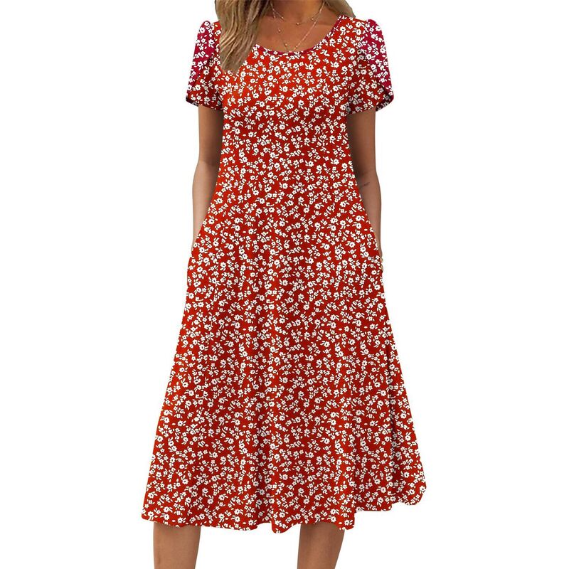 ジーグー レディース トップス 衣装 A 伝達ルート 筋目 midi Zeagoo Women summer Casual Midi Dress A Line Pleated Short Sleeve Flare Sundress Deep Red Floral 赤いこと