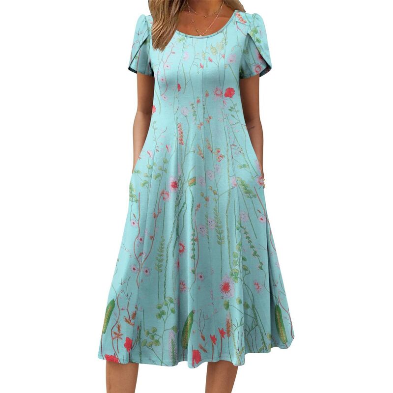 ジーグー レディース トップス 衣装 A 伝達ルート 筋目 midi Zeagoo Women summer Casual Midi Dress A Line Pleated Short Sleeve Flare Sundress Green Flower 緑であること
