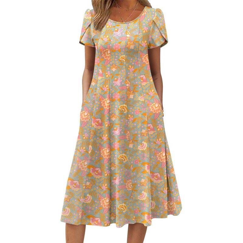 ジーグー レディース トップス 衣装 A 伝達ルート 筋目 midi Zeagoo Women summer Casual Midi Dress A Line Pleated Short Sleeve Flare Sundress Greygreen