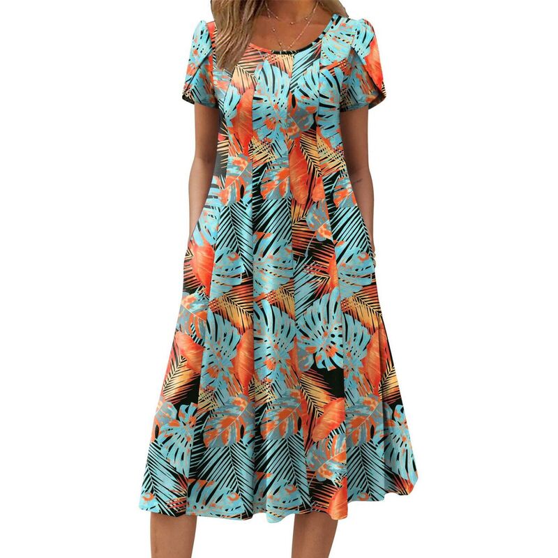 ジーグー レディース トップス 衣装 A 伝達ルート 筋目 midi Zeagoo Women summer Casual Midi Dress A Line Pleated Short Sleeve Flare Sundress Leaf Print
