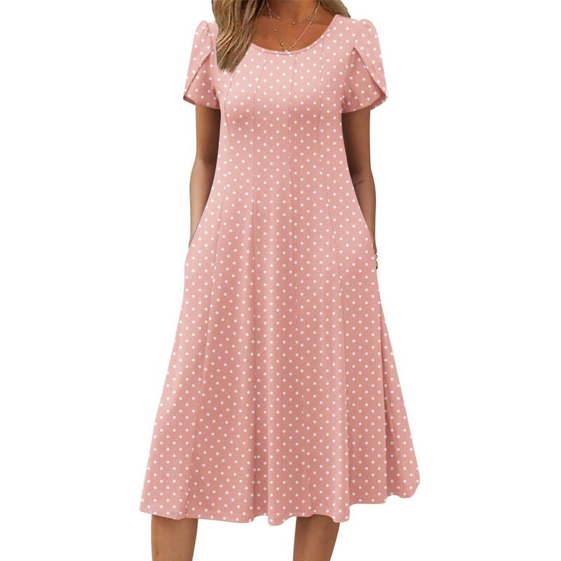 ジーグー レディース トップス 衣装 A 伝達ルート 筋目 midi Zeagoo Women summer Casual Midi Dress A Line Pleated Short Sleeve Flare Sundress Pink Dot サクラ色