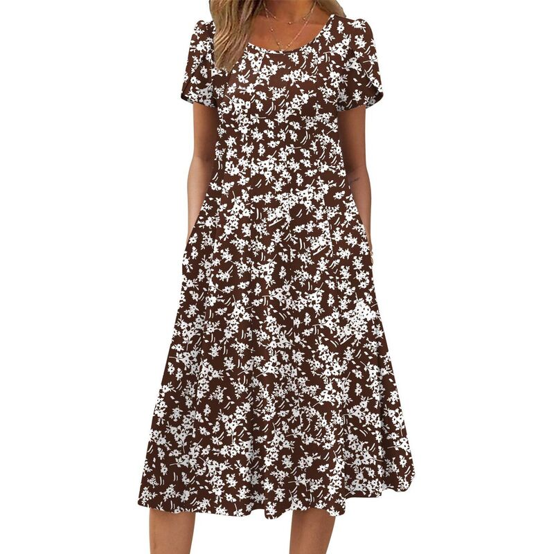 ジーグー レディース トップス 衣装 A 伝達ルート 筋目 midi Zeagoo Women summer Casual Midi Dress A Line Pleated Short Sleeve Flare Sundress White Black Brown 白いこと