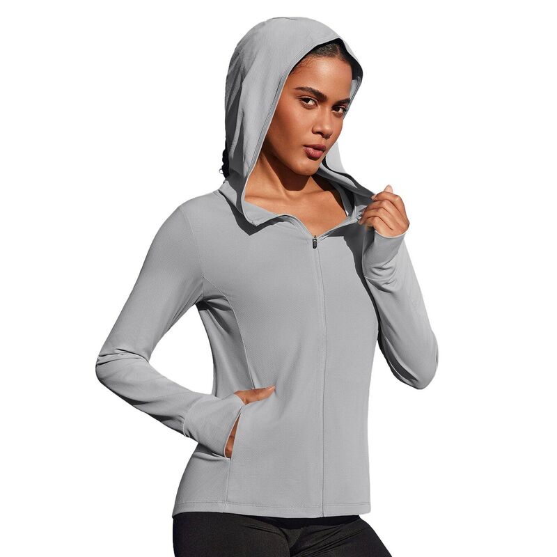 ピンスパーク レディース アウター ジャケット・ブルゾン スリムフィット Pinspark Women's Hooded Running Jacket Sun Protection Full Zip Slim Fit Active Jacket with Pockets Light Gray グレー|ReVida 店
