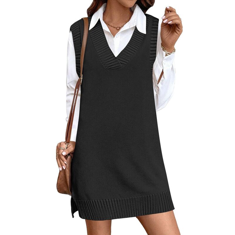 ジーグー レディース トップス 衣装 Vのど首 より良い スウェーター ノースリーブ 編み物 Zeagoo Women\u0027s V Neck Sleevelessweater Vest Dress Oversized Long Knit Casual Pullover Tops Black 黒いこと