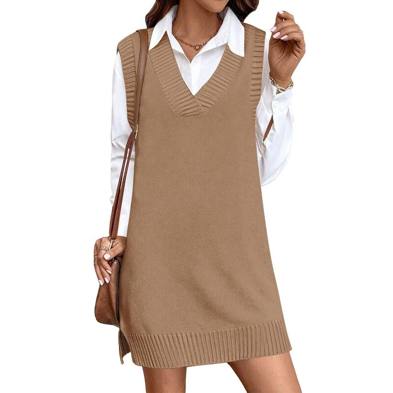 ジーグー レディース トップス 衣装 Vのど首 より良い スウェーター ノースリーブ 編み物 Zeagoo Women\u0027s V Neck Sleevelessweater Vest Dress Oversized Long Knit Casual Pullover Tops Brown 赤銅色