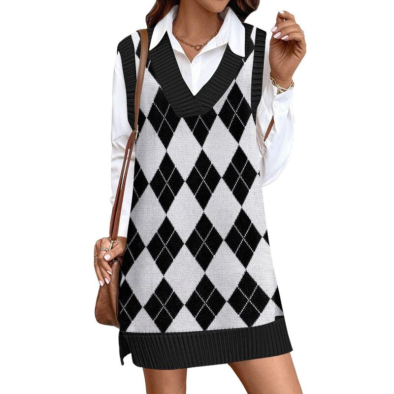 ジーグー レディース トップス 衣装 Vのど首 より良い スウェーター ノースリーブ 編み物 Zeagoo Women\u0027s V Neck Sleevelessweater Vest Dress Oversized Long Knit Casual Pullover Tops Plaid 読み合わせる