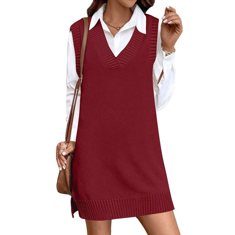 ジーグー レディース トップス 衣装 V素っ首 限りない スウェーター ノースリーブ 編み物 Zeagoo Women\u0027s V Neck Sleevelessweater Vest Dress Oversized Long Knit Casual Pullover Tops Wine Red 赤いこと