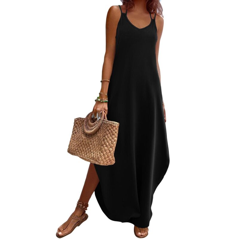 ジーグー レディース トップス 衣装 Vのど首 ノースリーブ Zeagoo Summer Dresses for Women Casual Spaghetti Strap V Neck Sleeveless Dresses with Pocket Black 黒いこと