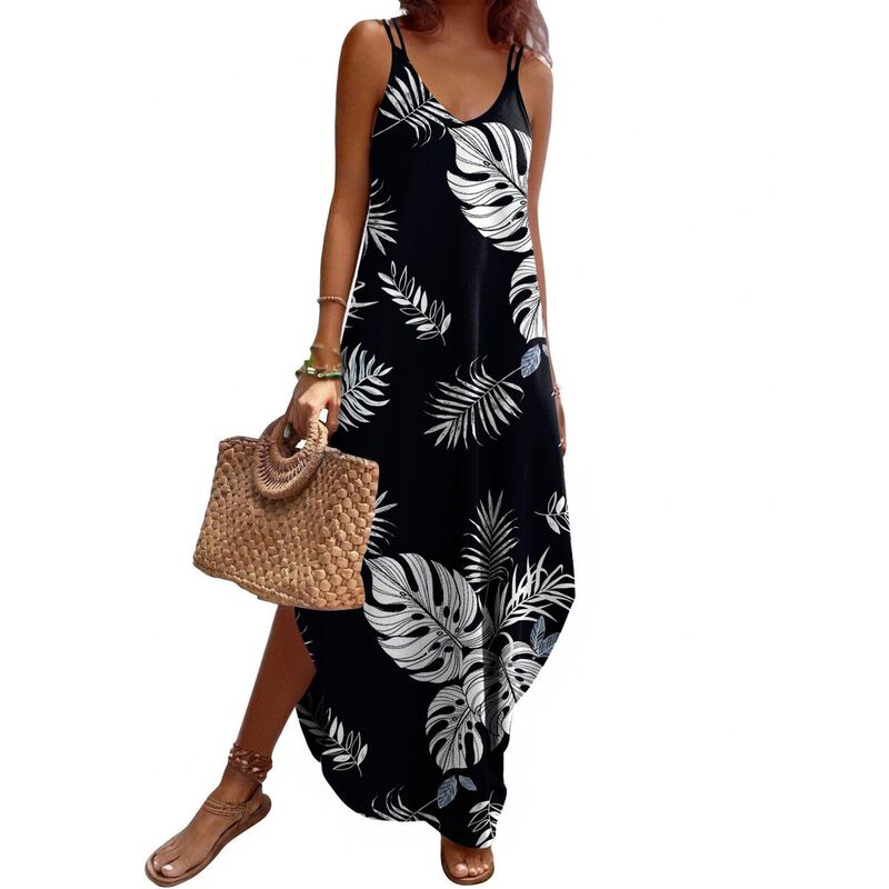 ジーグー レディース トップス 衣装 Vのど首 ノースリーブ Zeagoo Summer Dresses for Women Casual Spaghetti Strap V Neck Sleeveless Dresses with Pocket Black Palm Print 黒いこと