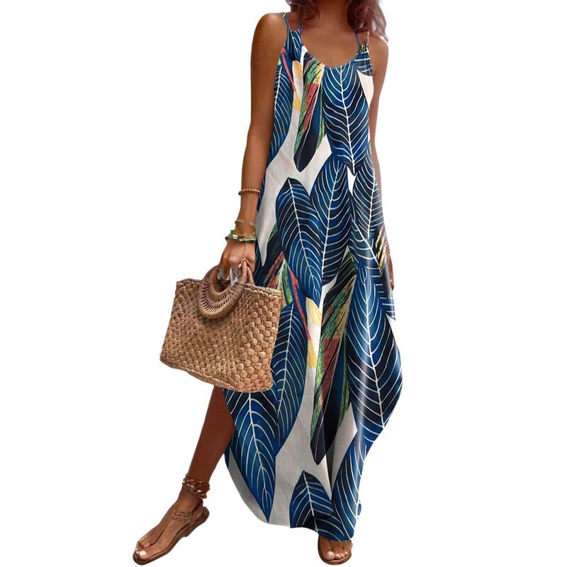 ジーグー レディース トップス 衣装 Vのど首 ノースリーブ Zeagoo Summer Dresses for Women Casual Spaghetti Strap V Neck Sleeveless Dresses with Pocket Blue Palm Print 青色
