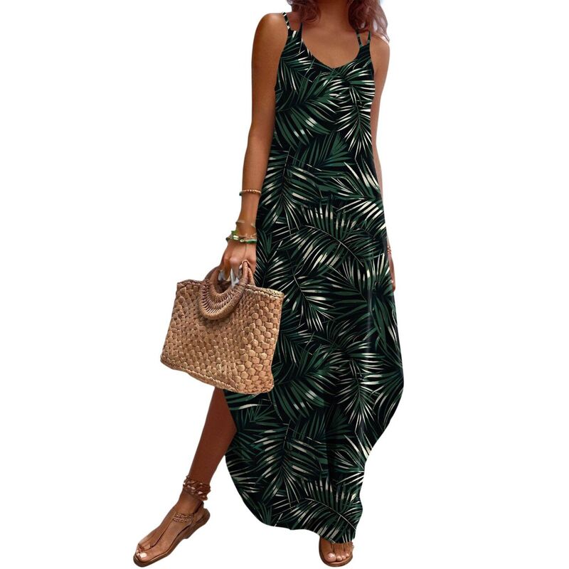 ジーグー レディース トップス 衣装 Vのど首 ノースリーブ Zeagoo Summer Dresses for Women Casual Spaghetti Strap V Neck Sleeveless Dresses with Pocket Green Palm Print 緑であること
