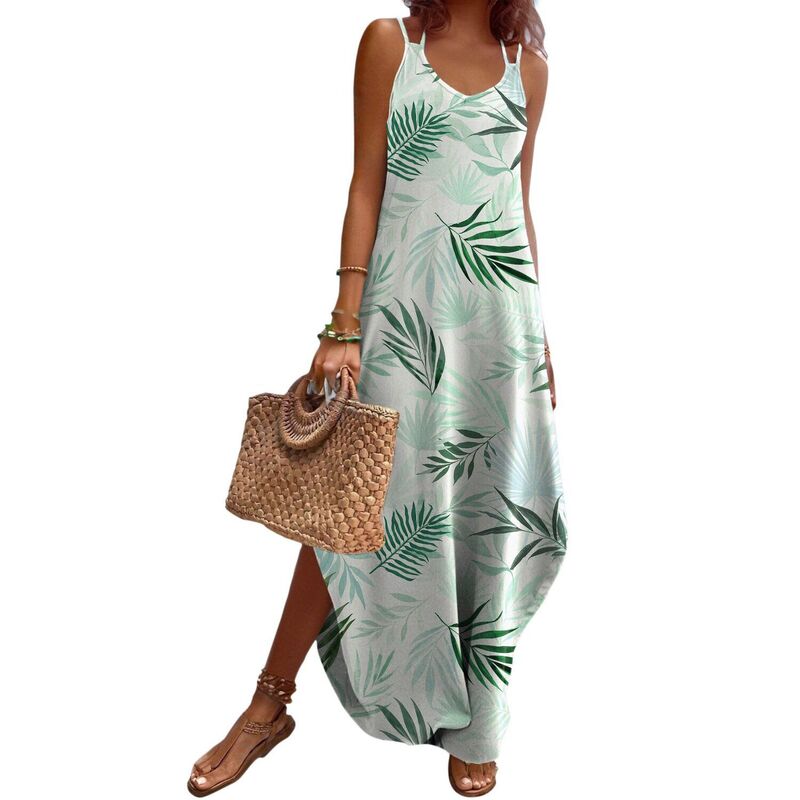 ジーグー レディース トップス 衣装 Vのど首 ノースリーブ Zeagoo Summer Dresses for Women Casual Spaghetti Strap V Neck Sleeveless Dresses with Pocket Leaf