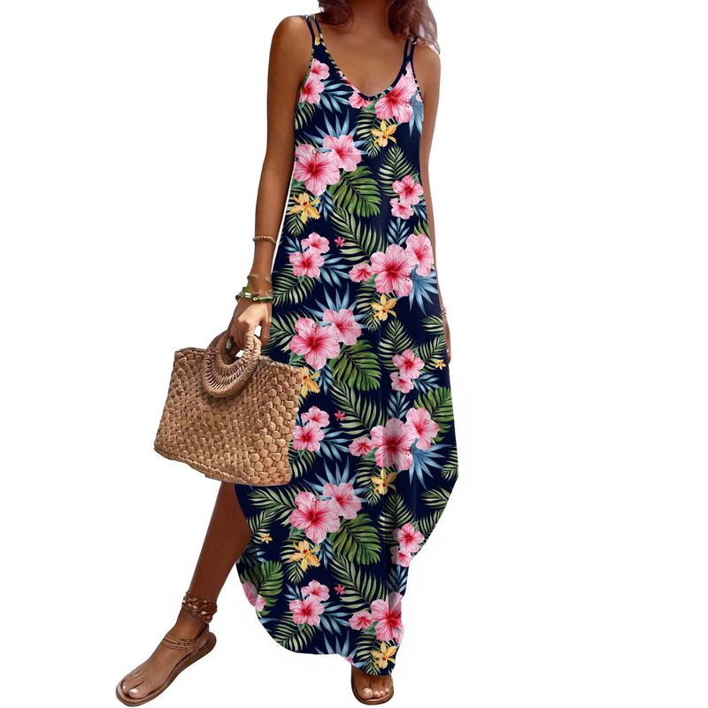 ジーグー レディース トップス 衣装 Vのど首 ノースリーブ Zeagoo Summer Dresses for Women Casual Spaghetti Strap V Neck Sleeveless Dresses with Pocket Navy Hibiscus Print 米国海軍