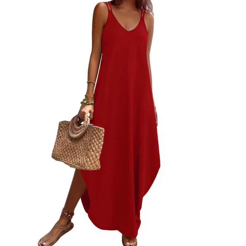 ジーグー レディース トップス 衣装 Vのど首 ノースリーブ Zeagoo Summer Dresses for Women Casual Spaghetti Strap V Neck Sleeveless Dresses with Pocket Red 赤いこと