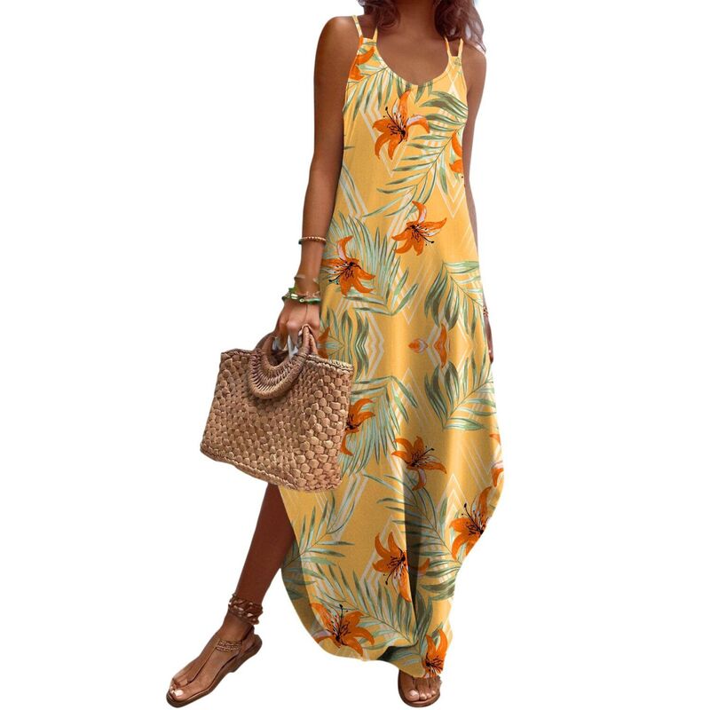 ジーグー レディース トップス 衣装 Vのど首 ノースリーブ Zeagoo Summer Dresses for Women Casual Spaghetti Strap V Neck Sleeveless Dresses with Pocket Yellow Floral 黄色