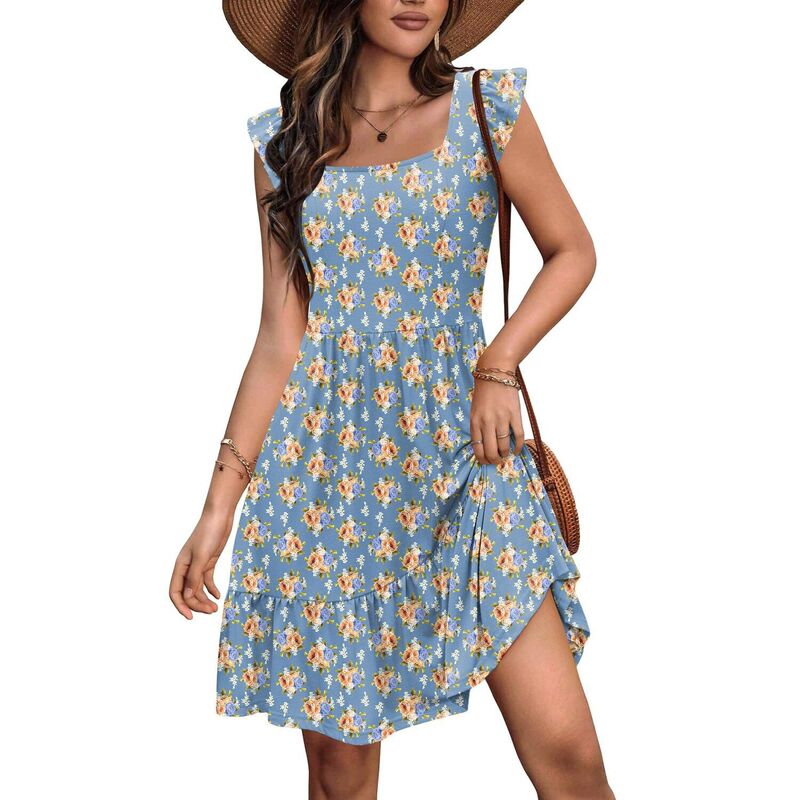 ジーグー レディース トップス 衣装 ティアード 御花柄 フラウンス ミニ 御花 Zeagoo Women\u0027s Floral Ruffle Tiered Square Neck Mini Boho Beach Sundress with Pockets Blue Floral 青色