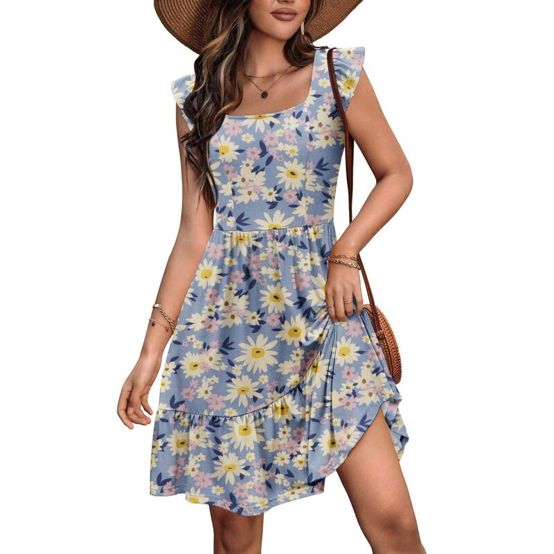 ジーグー レディース トップス 衣装 ティアード 御花柄 フラウンス ミニ 御花 Zeagoo Women\u0027s Floral Ruffle Tiered Square Neck Mini Boho Beach Sundress with Pockets Blue Pink Floral 青色