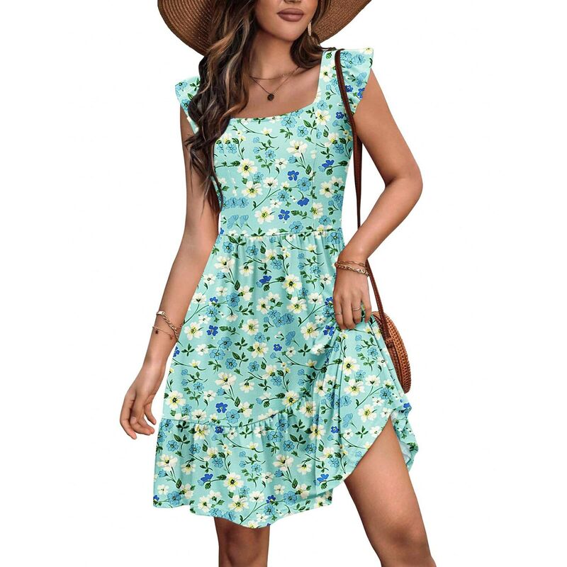 ジーグー レディース トップス 衣装 ティアード 御花柄 フラウンス ミニ 御花 Zeagoo Women\u0027s Floral Ruffle Tiered Square Neck Mini Boho Beach Sundress with Pockets Light Green Floral 緑であること