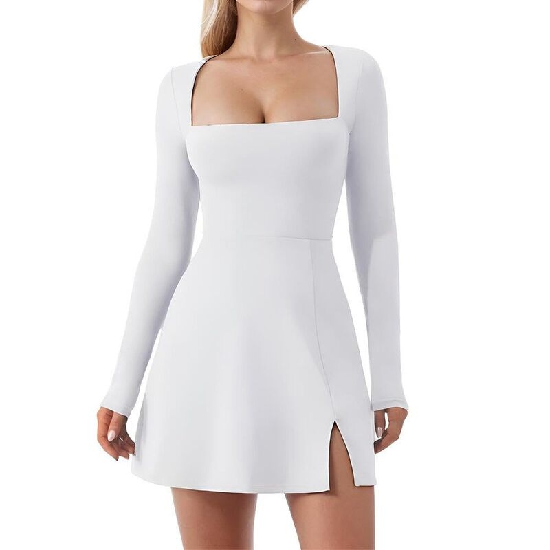 ジーグー レディース トップス 衣装 片方細長い切口 ミニ Zeagoo Women\u0027square Neck Bodice Dress Long Sleeve Side Slit Flare Mini Dress White 白いこと