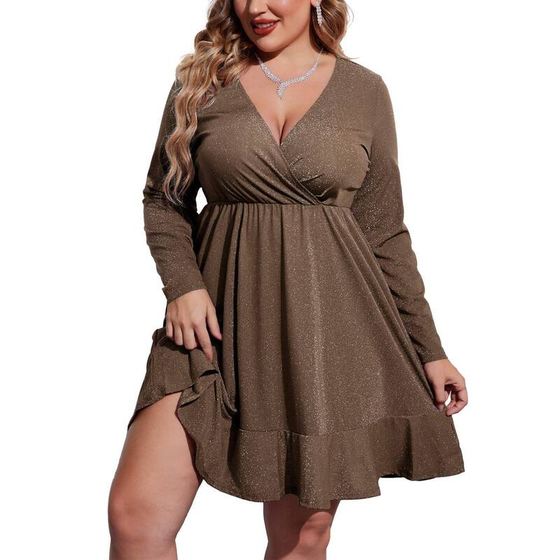 ジーグー レディース トップス 衣装 Vのど首 筋目 スパンコール Zeagoo Women\u0027sequin Glitter Long Sleeve V Neck Pleated Swing Dress Club Party Dresses Brown 赤銅色