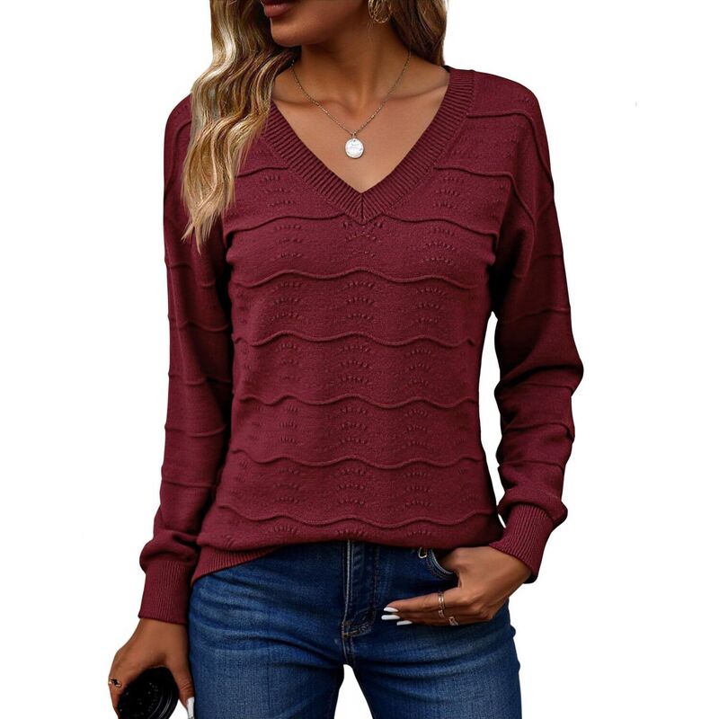 ジーグー レディース アウター ニット・セーター Vネック Zeagoo Women's Long Sleeve V-Neck Crochet Pullover Sweater Loose Business Casual Tops Wine Red レッド｜ReVida 店