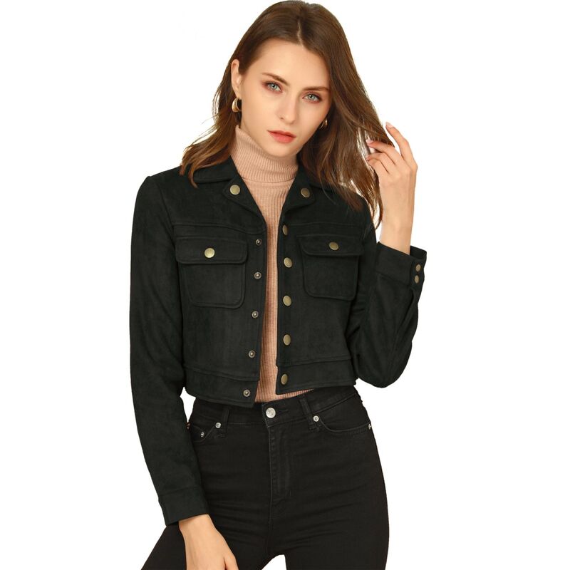アレグラ ケー レディース アウター 上衣・上衣 スエードクロス 落ちこむ クロップド ALLEGRA K Women\u0027s Turn Down Collar Faux Suede Cropped Moto Jacket Black 黒いこと