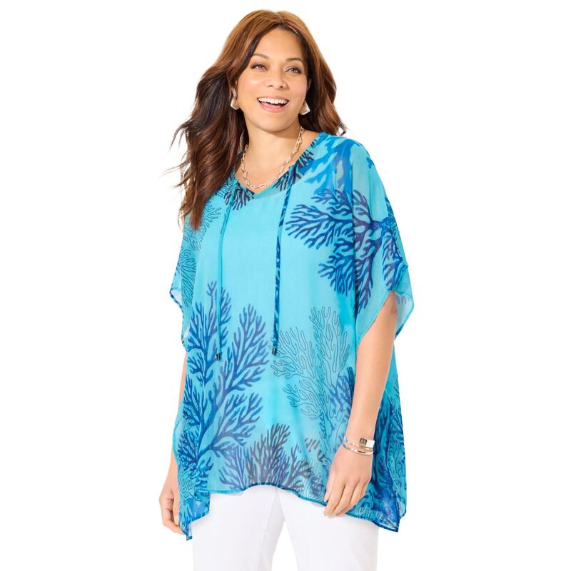 キャサリンズ レディース アウター 上衣・上衣 ジョーゼット 足し加える大きさ Catherines Women\u0027s Plusize Georgette Peasant Poncho Aqua Coral Reef アクア