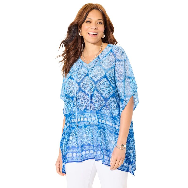 キャサリンズ レディース アウター 上衣・上衣 ジョーゼット 足し加える大きさ Catherines Women\u0027s Plusize Georgette Peasant Poncho Blue Mosaic Bandana 青色