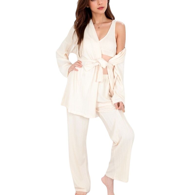 アンナカシ レディース アンダーお召しもの ナイト爵お召しもの 肋材 ズボン下 ジレー Anna-Kaci Women\u0027s 3-Piece Lounge Set with Tie-Front Cardigand Ribbed Pants Light Beige ベージュ