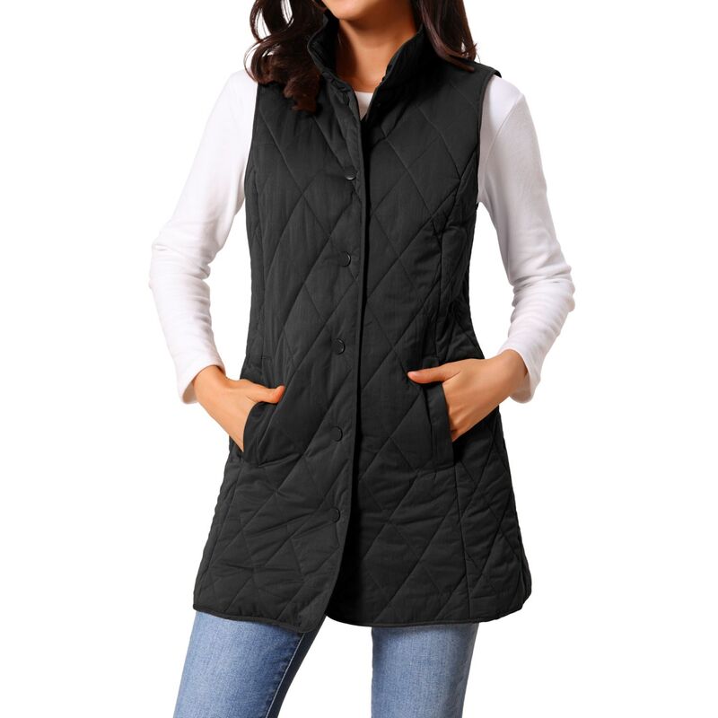 インスパイア 今めかしい レディース アウター 上衣・上衣 キルティング より良い ノースリーブ INSPIRE CHIC Women\u0027stand Collar Sleeveless Button Front Lightweight Quilted Longline Vest Jackets Black 黒いこと